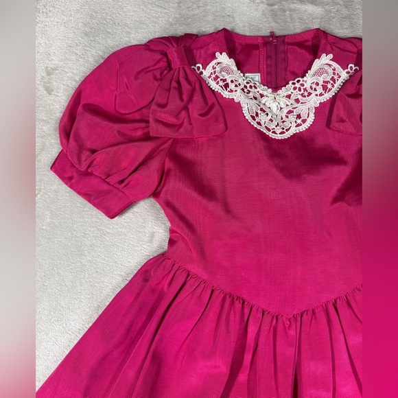 Vintage Jessica McClintock Girls Fuchsia Pink Puff Sleeve Lace Beaded Dress 6X - Picture 3 of 15